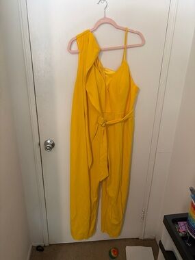 One-Shoulder Yellow Jumpsuit with D-Ring Belt NWOT